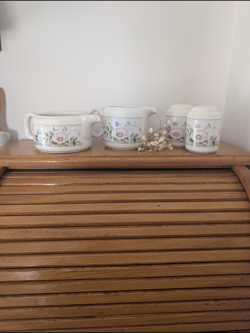 White Floral Ceramic Sugar, Creamer and Spice Jar Set